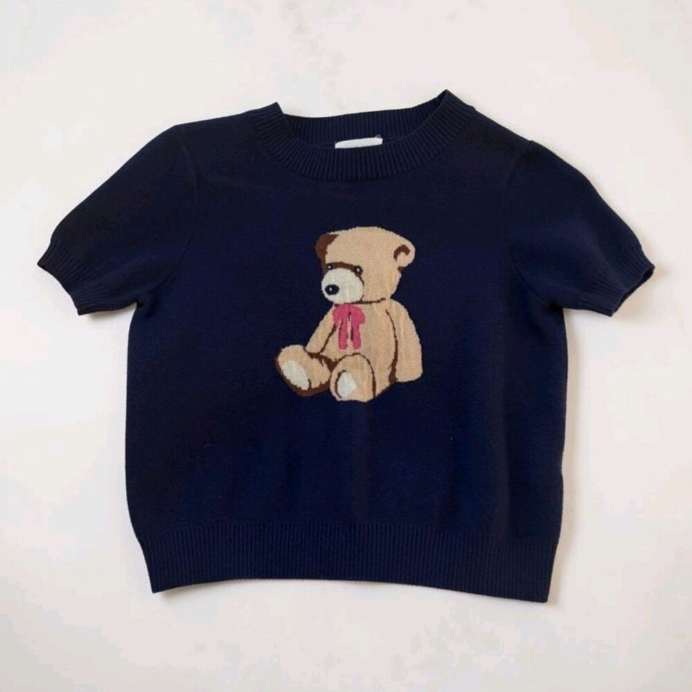 Willow & Wind Teddy Bear Graphic Knit Pullover Sweater Blue Short Sleeve S